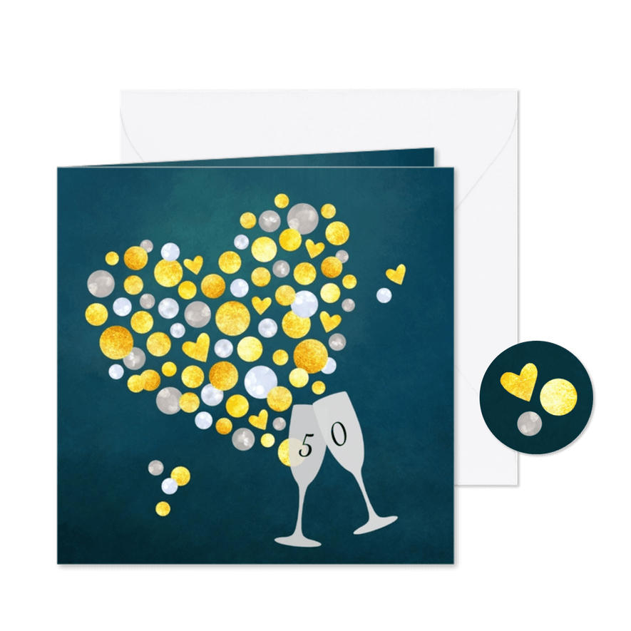 Jubileum 50 champagne bubbels en hartjes - Kaartimpressie