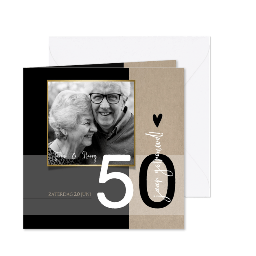 Jubileum 50 jaar getrouwd, zwart met craft papier look - Kaartimpressie