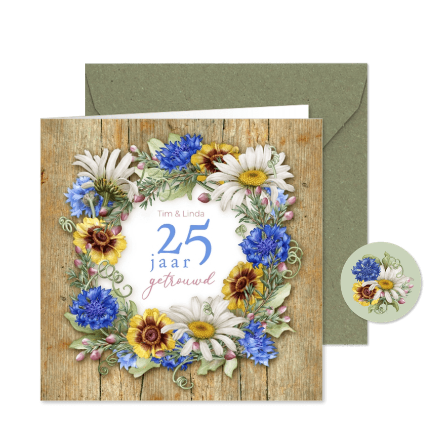 Jubileum bloemenkransophout aanpasbaar jaartal - Kaartimpressie