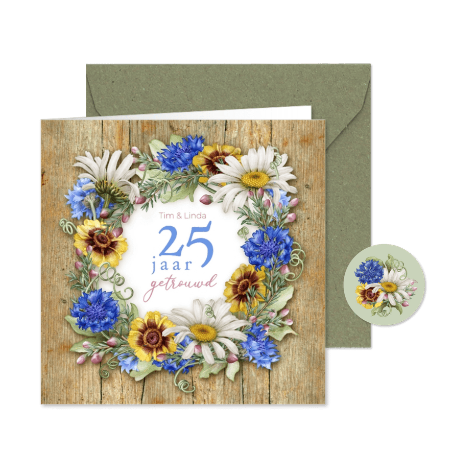 Jubileum bloemenkransophout aanpasbaar jaartal - Kaartimpressie