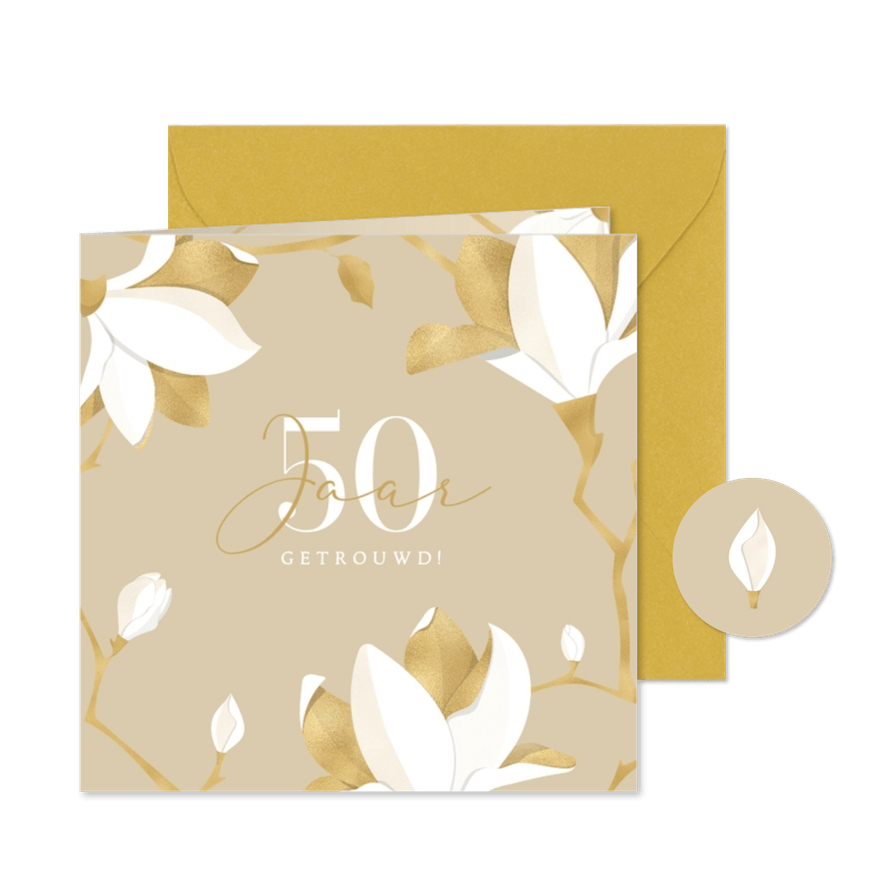 Jubileum botanisch stijlvol zandkleur goud-witte magnolia's - Kaartimpressie