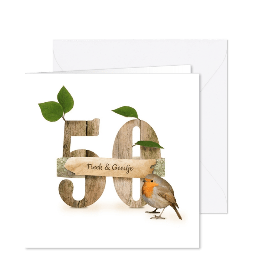 Jubileum feest 50 roodborstje en hout - Kaartimpressie
