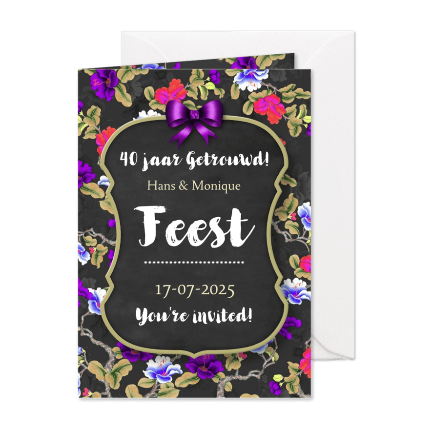 Jubileum feest bord en bloemen - Kaartimpressie