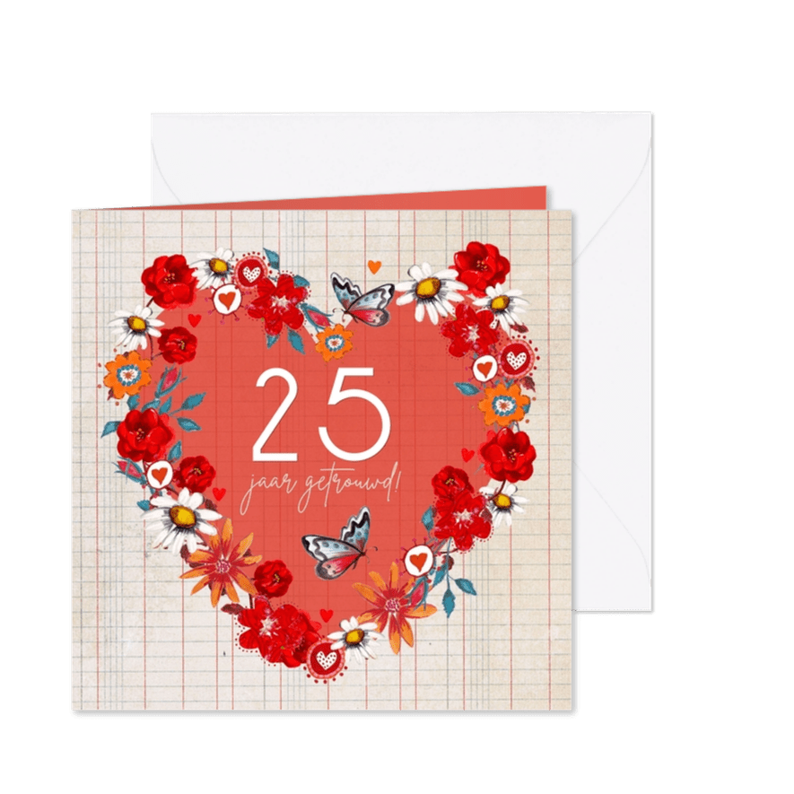 Jubileum Feest Hart op ruitjes papier - Kaartimpressie