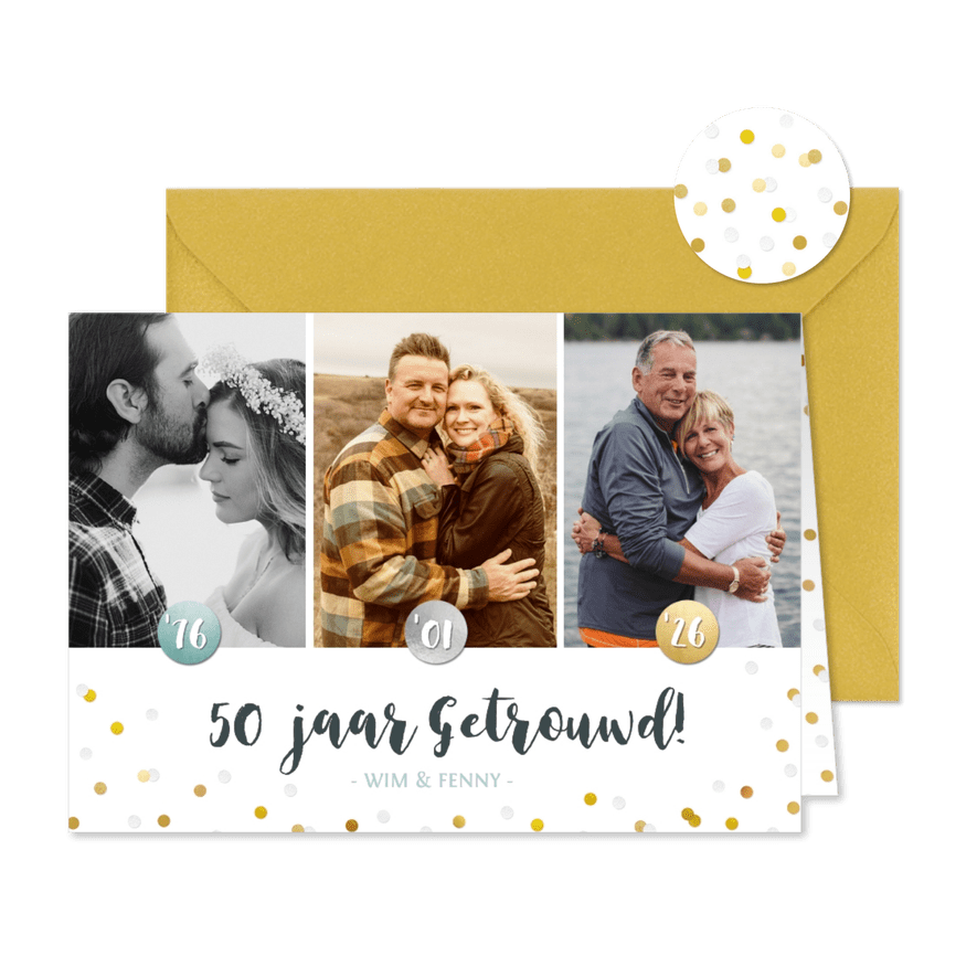Jubileum feest uitnodiging met 3 foto's door de jaren heen. - Kaartimpressie