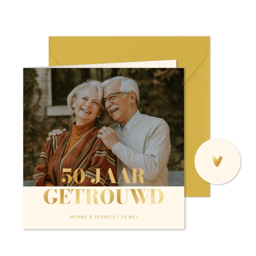 Jubileum fotokaart uitnodiging met goudfolie - Kaartimpressie