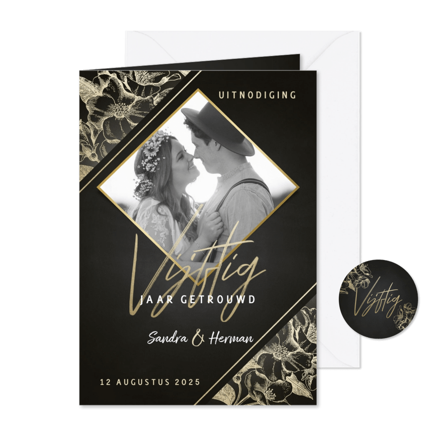 Jubileum gouden bloemen 50 jaar foto uitnodiging - Kaartimpressie