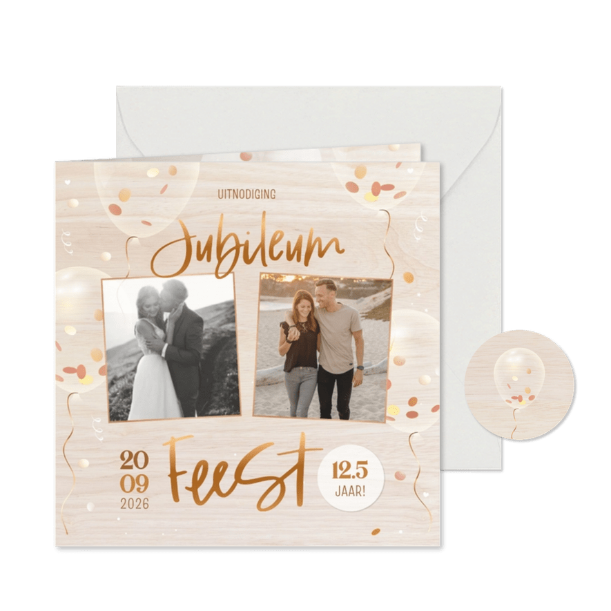 Jubileum houtlook eigen foto's met confetti 3d ballonnen - Kaartimpressie