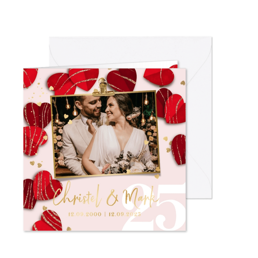 Jubileum huwelijk 25 jaar harten goudfolie foto confetti - Kaartimpressie