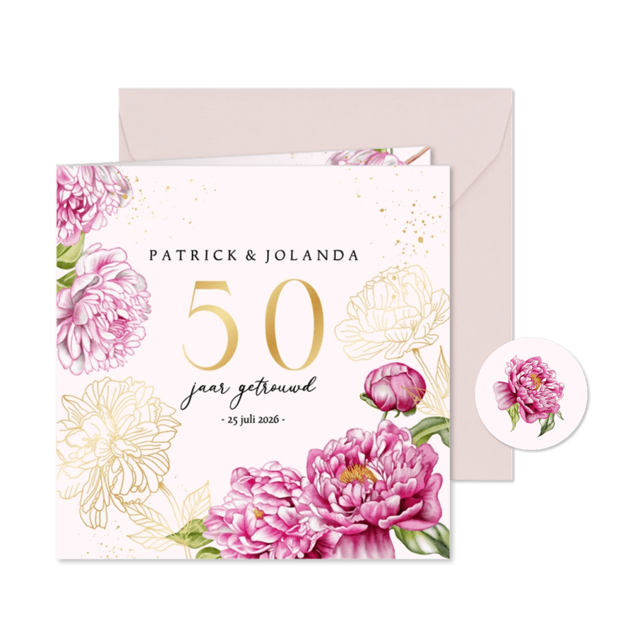 Jubileum huwelijk pioenrozen goud - Kaartimpressie