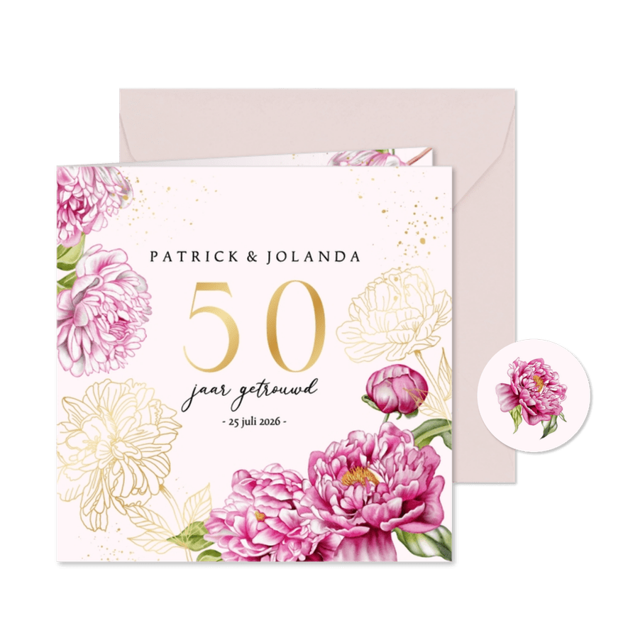 Jubileum huwelijk pioenrozen goud - Kaartimpressie