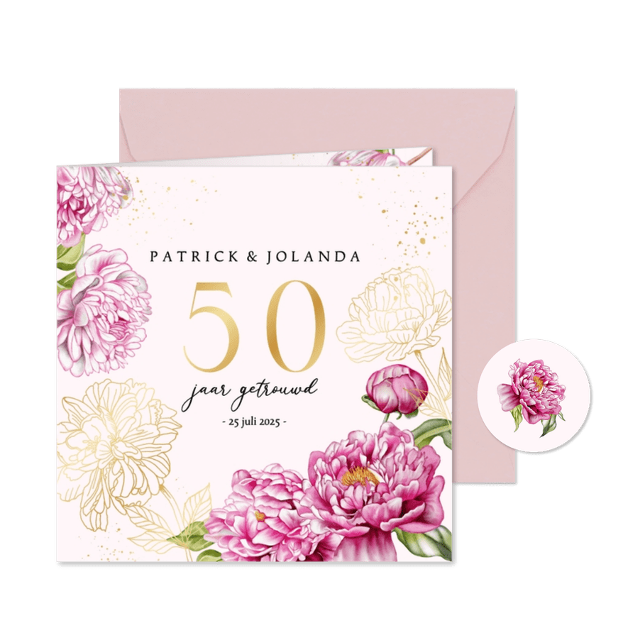 Jubileum huwelijk pioenrozen goud - Kaartimpressie
