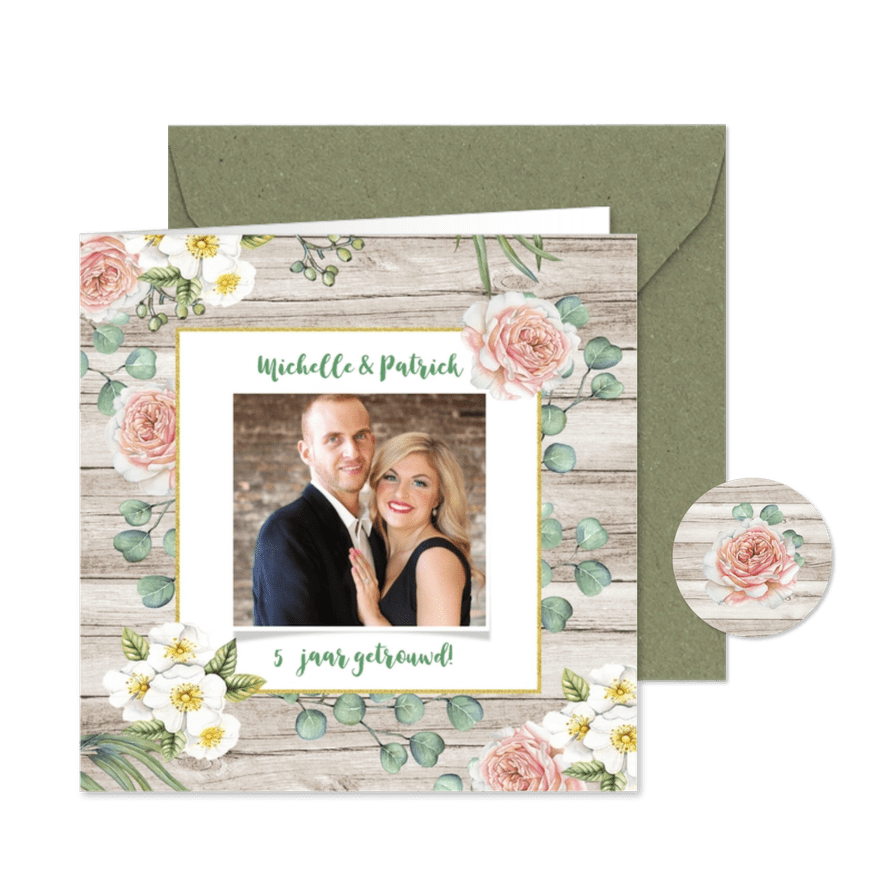 Jubileum huwelijk rozen op hout - Kaartimpressie