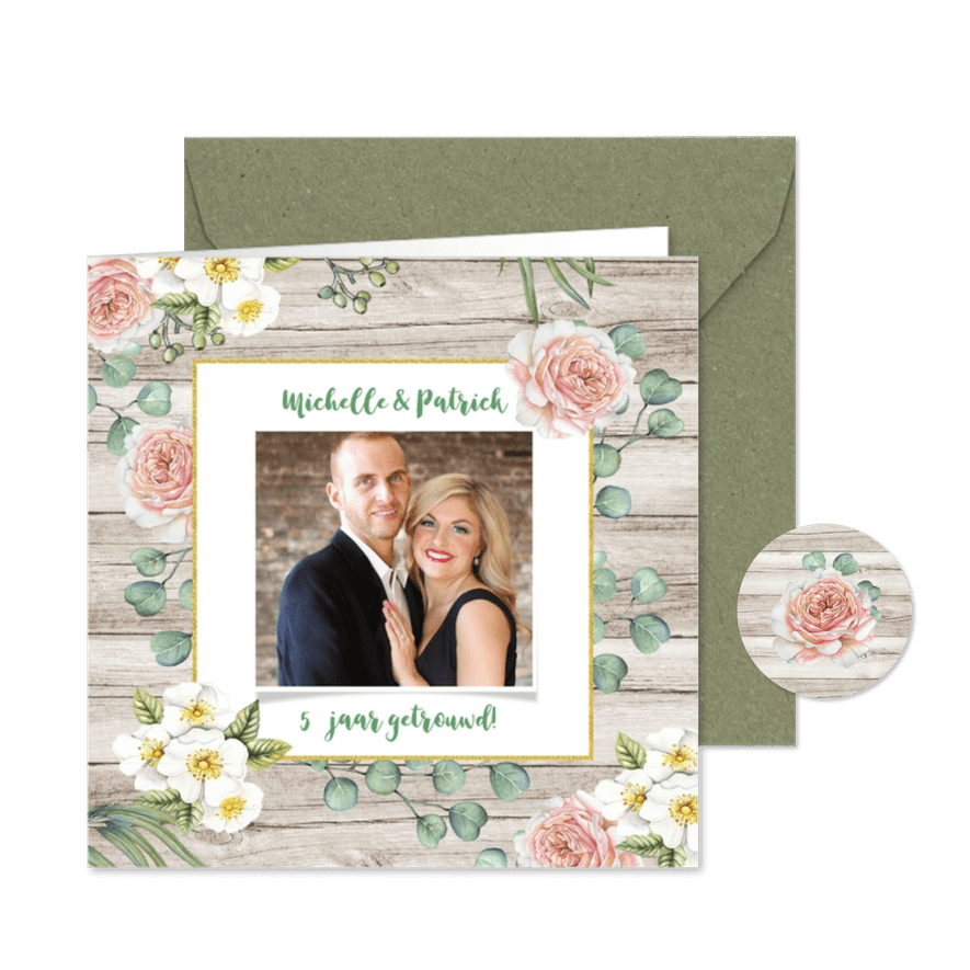 Jubileum huwelijk rozen op hout - Kaartimpressie