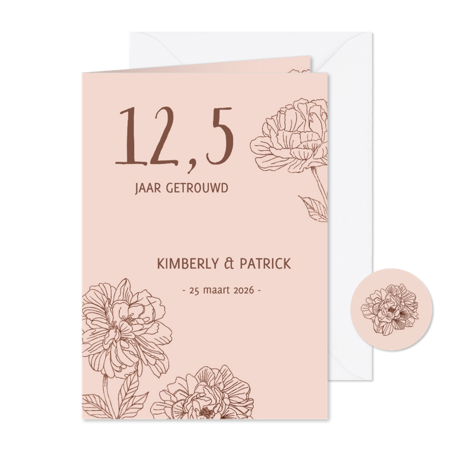 Jubileum lijntekening pioenroos - Kaartimpressie