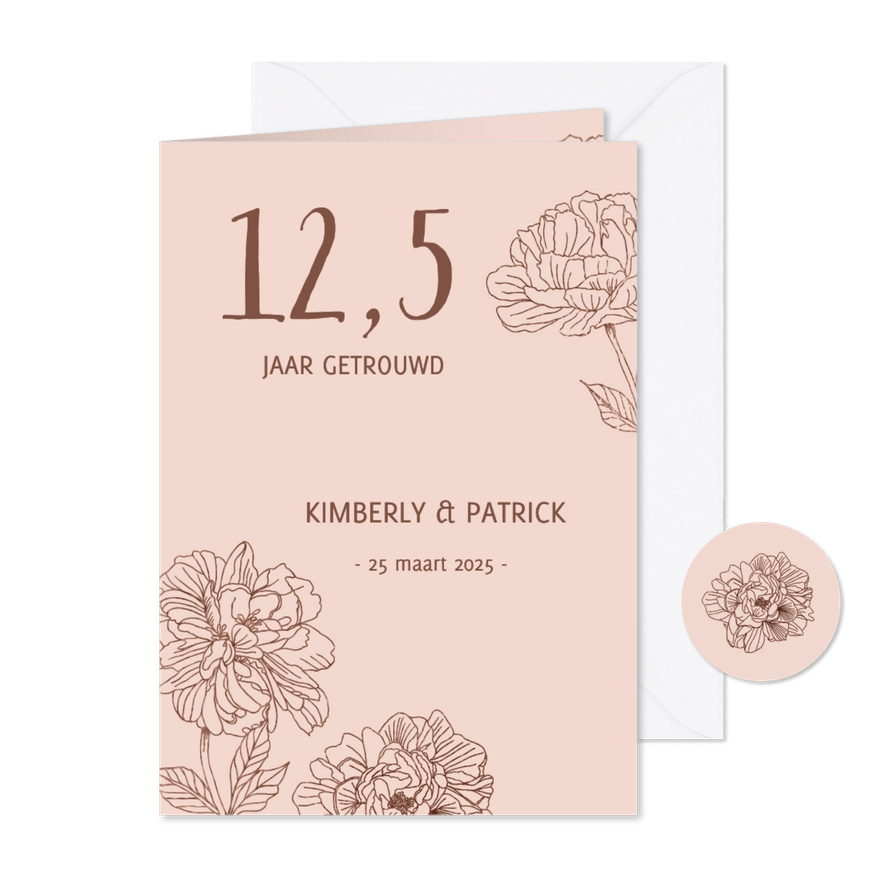 Jubileum lijntekening pioenroos - Kaartimpressie