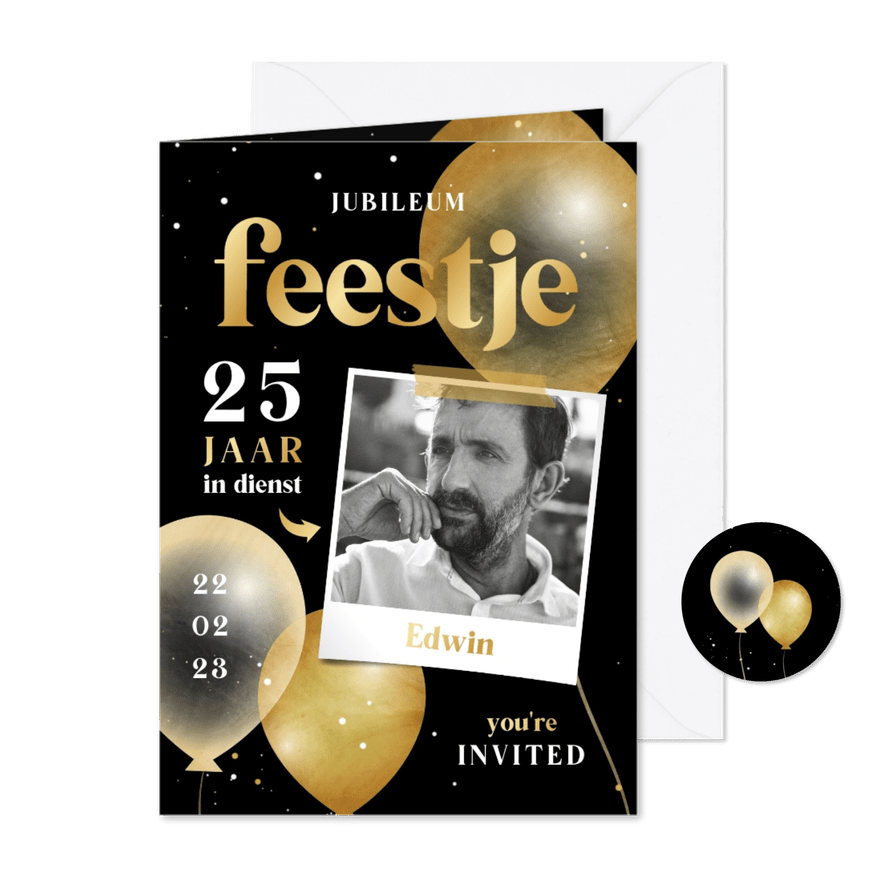 Jubileum medewerker met ballonnen zwart wit goud - Kaartimpressie