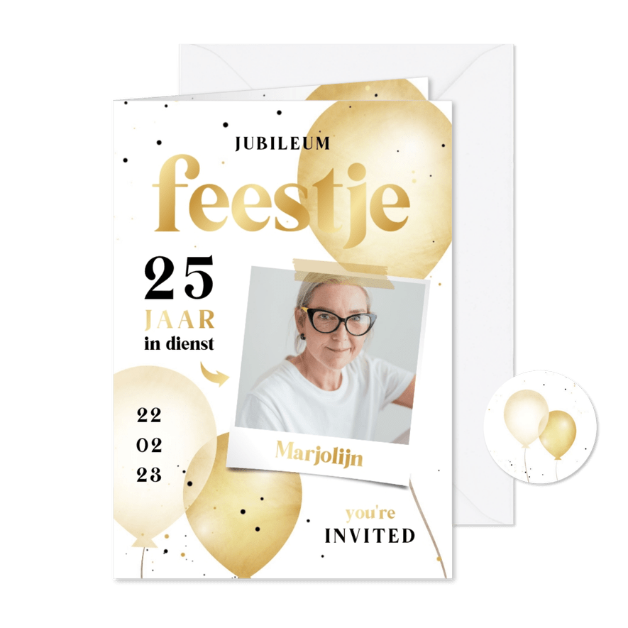 Jubileum medewerker zwart wit goud met ballonnen - Kaartimpressie