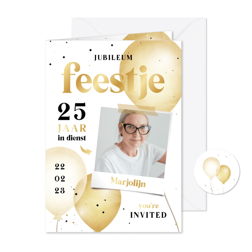 Jubileum medewerker zwart wit goud met ballonnen - Kaartimpressie