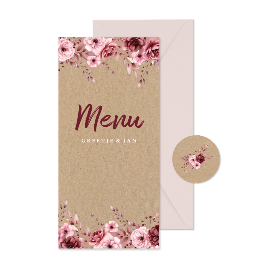 Jubileum menukaart mat aquarel bloemen kraft - Kaartimpressie