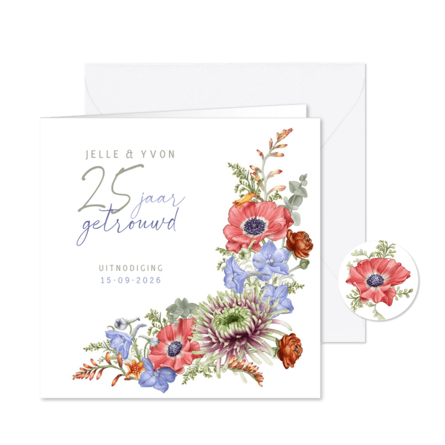 Jubileum trouwen kaart met stijlvol kleurige bloemen - Kaartimpressie
