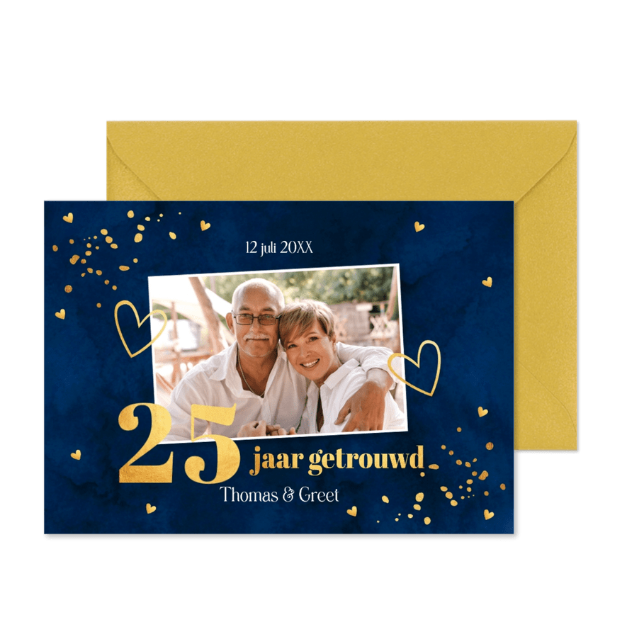 Jubileum uitnodiging 25 jaar getrouwd blauw foto goudlook - Kaartimpressie