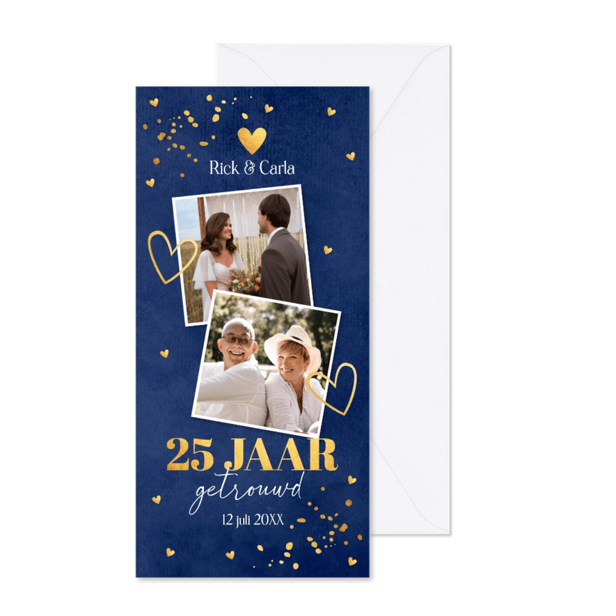 Jubileum uitnodiging 25 jaar getrouwd foto blauw goudlook - Kaartimpressie