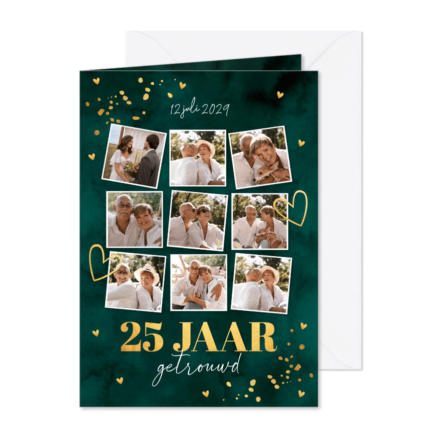 Jubileum uitnodiging 25 jaar getrouwd fotocollage groen goud - Kaartimpressie