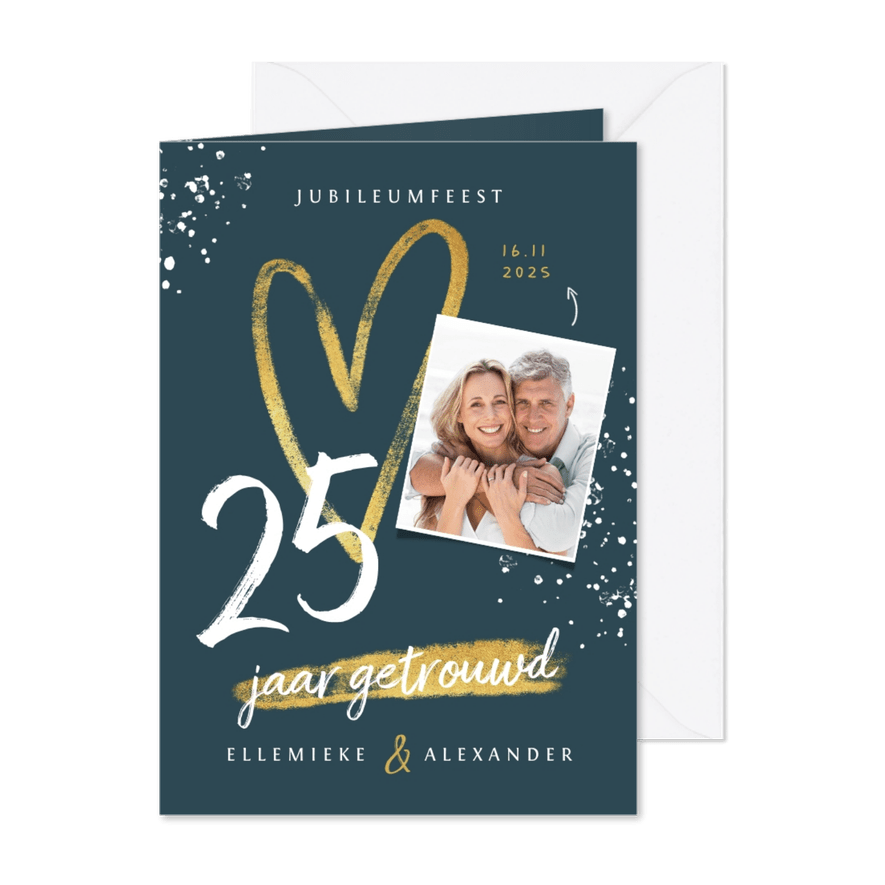 Jubileum uitnodiging 25 jaar getrouwd hartje foto spetters - Kaartimpressie