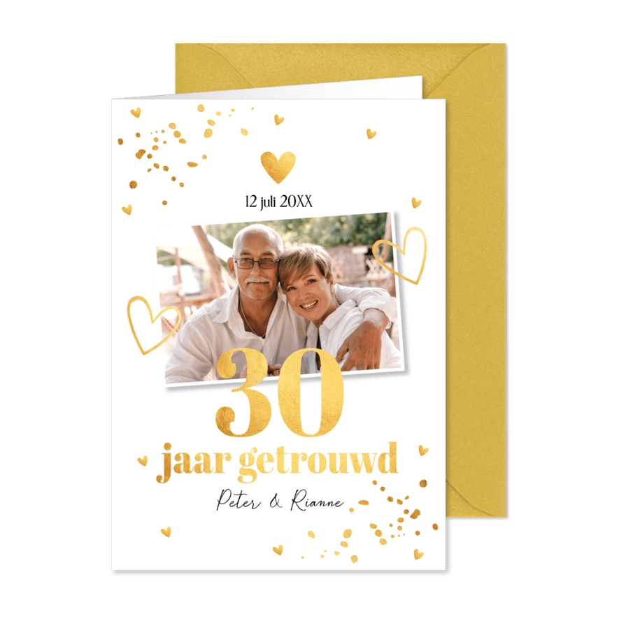 Jubileum uitnodiging 30 jaar getrouwd wit foto goudlook - Kaartimpressie