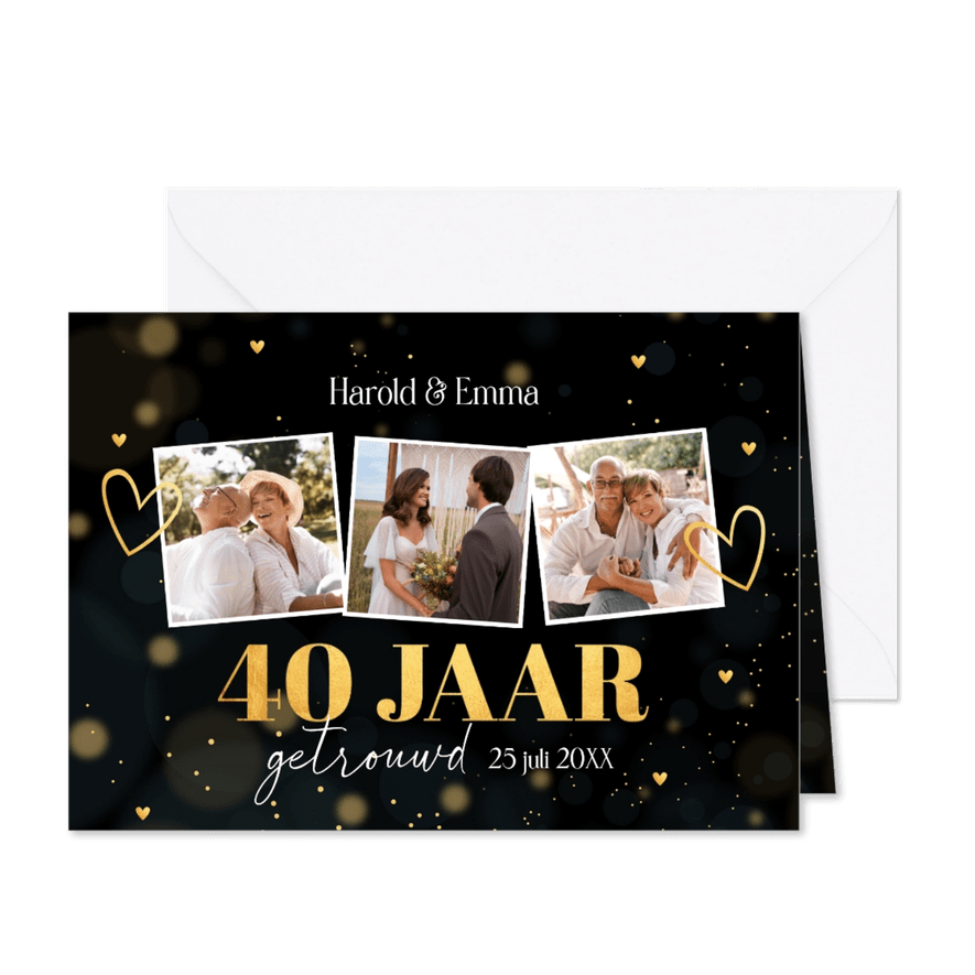 Jubileum uitnodiging 40 jaar getrouwd zwart goud fotocollage - Kaartimpressie