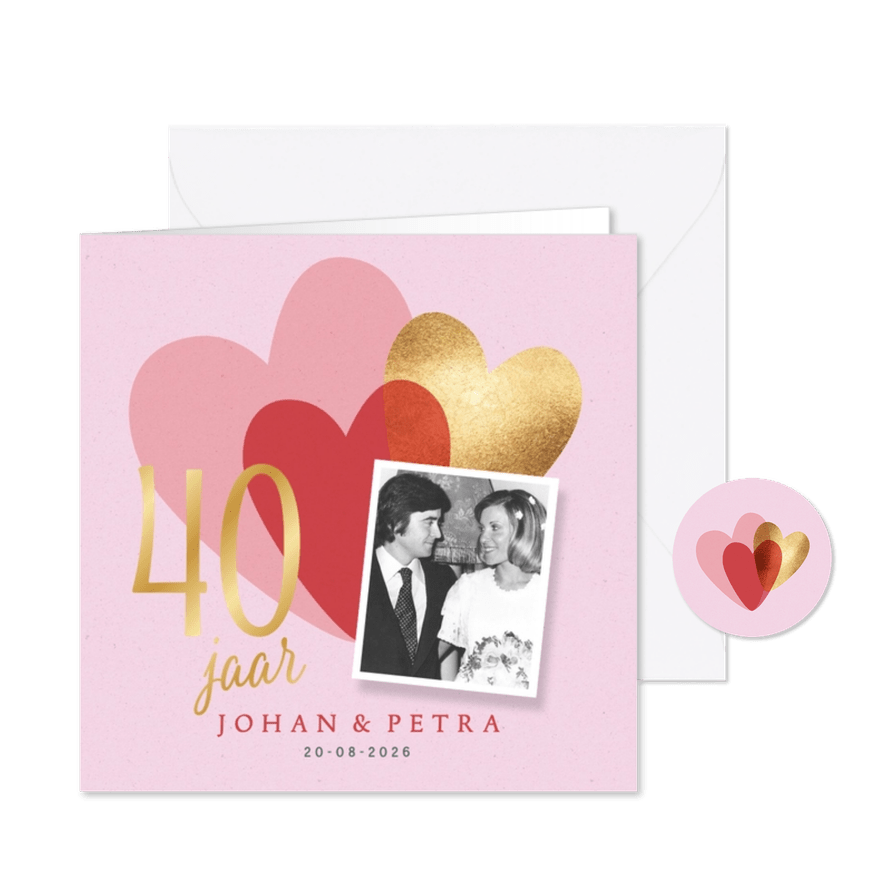 Jubileum uitnodiging 40 jaar hartjes goud - Kaartimpressie