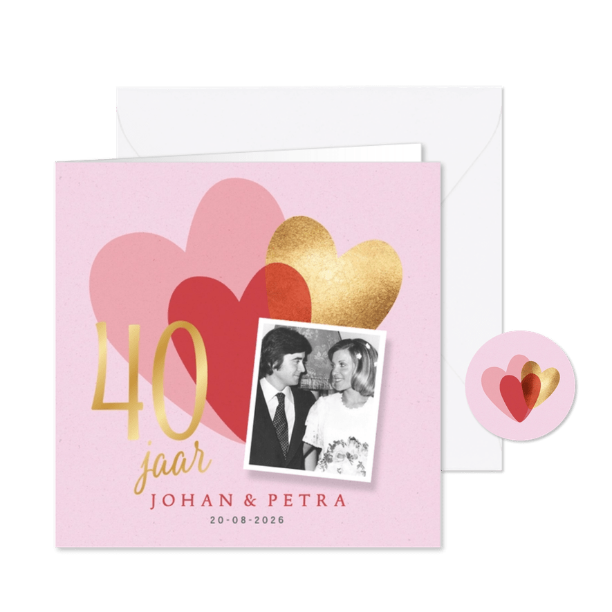 Jubileum uitnodiging 40 jaar hartjes goud - Kaartimpressie