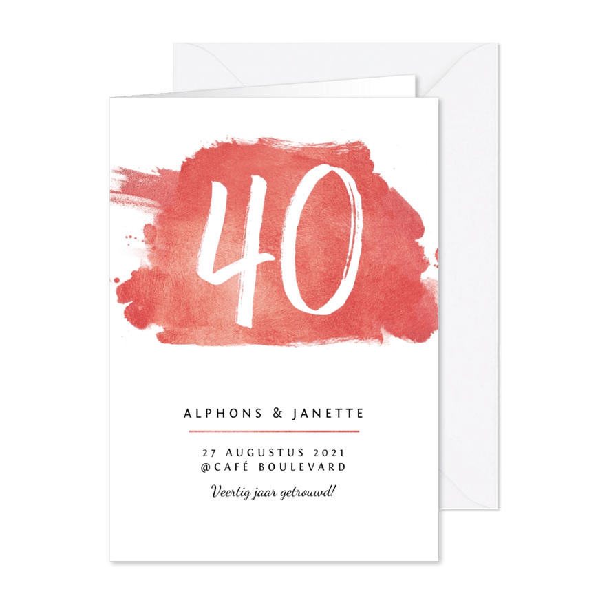 Jubileum uitnodiging 40 jaar stijlvol met rode verf en foto - Kaartimpressie