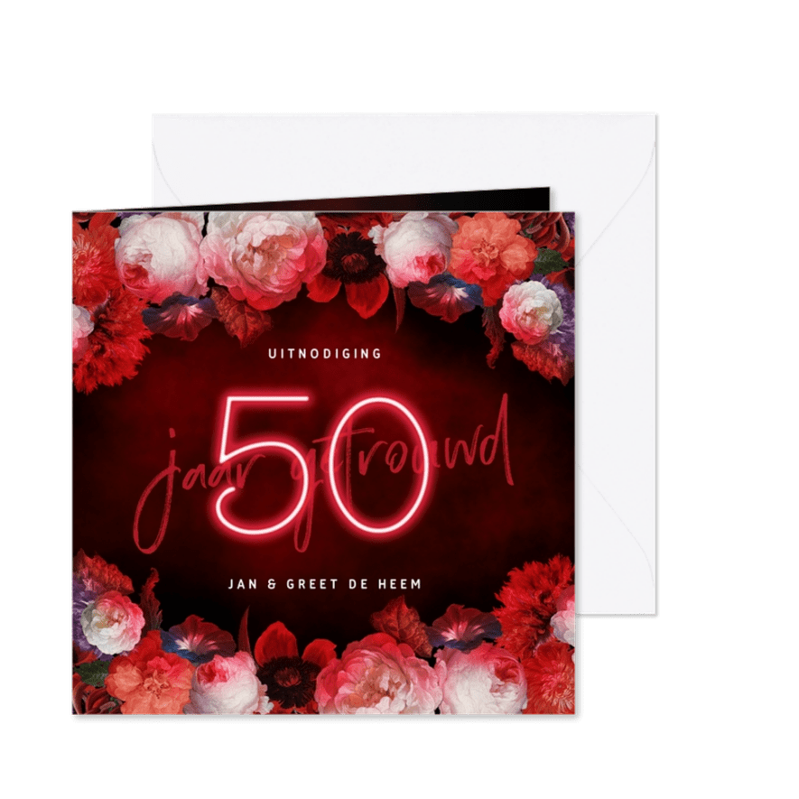Jubileum uitnodiging 50 jaar bloemen en neon - Kaartimpressie