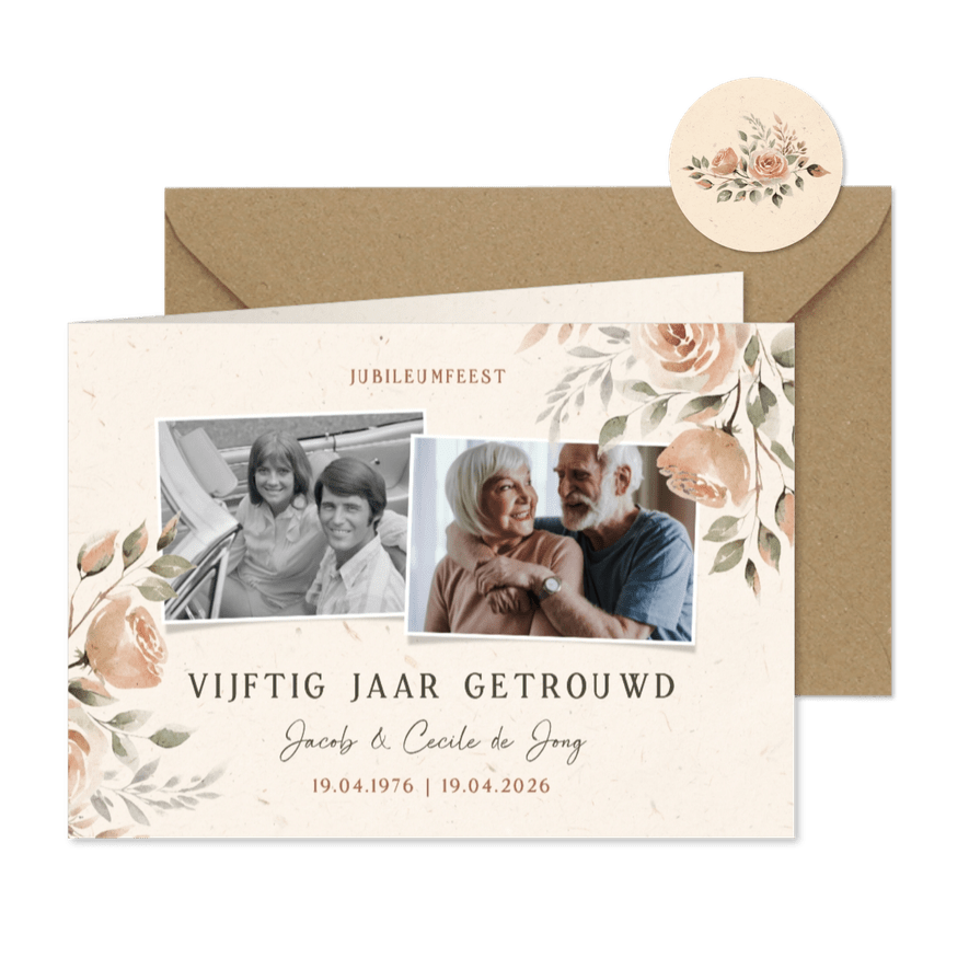 Jubileum uitnodiging 50 jaar fotocollage met bloemen - Kaartimpressie
