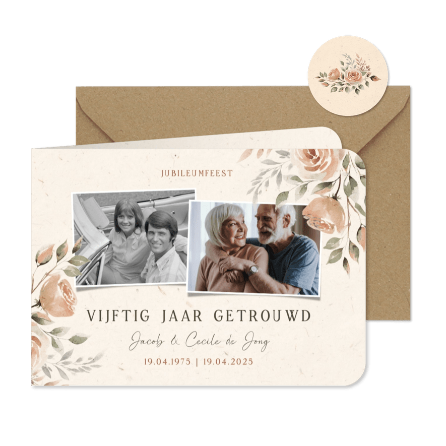 Jubileum uitnodiging 50 jaar fotocollage met bloemen - Kaartimpressie