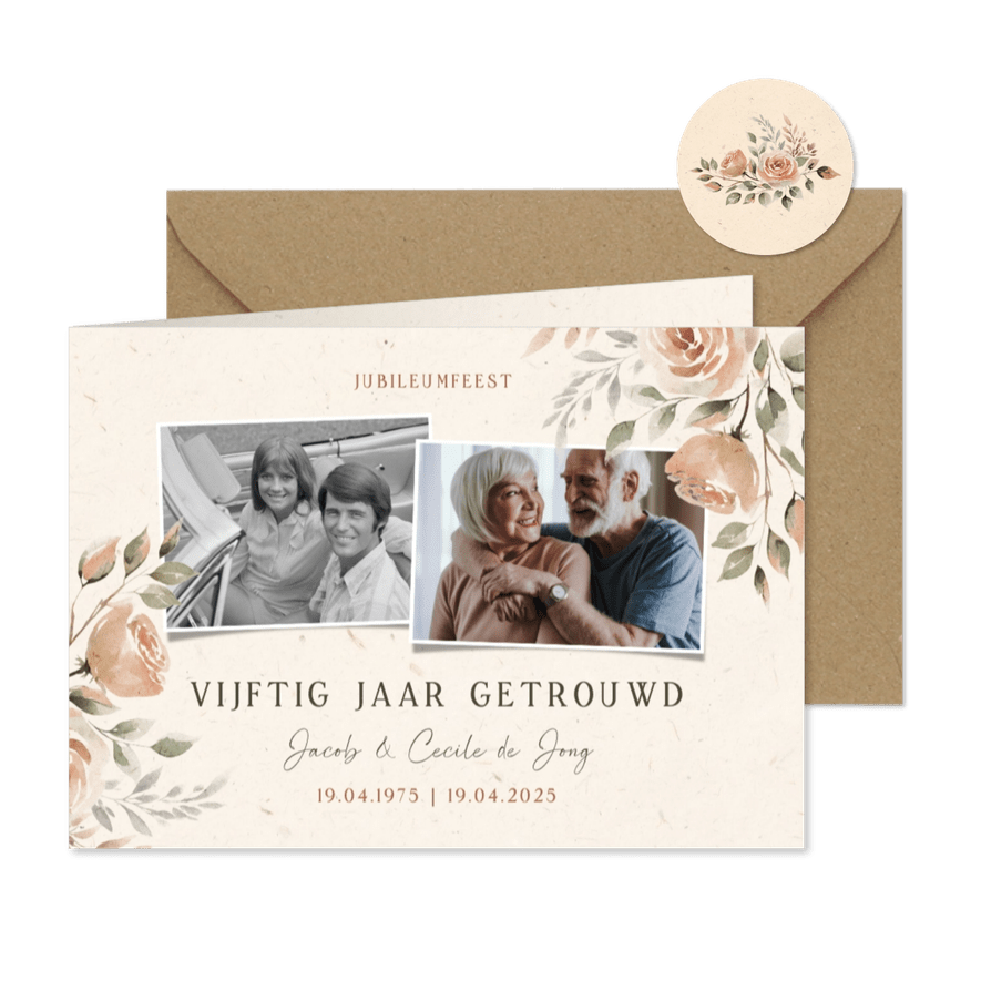 Jubileum uitnodiging 50 jaar fotocollage met bloemen  - Kaartimpressie