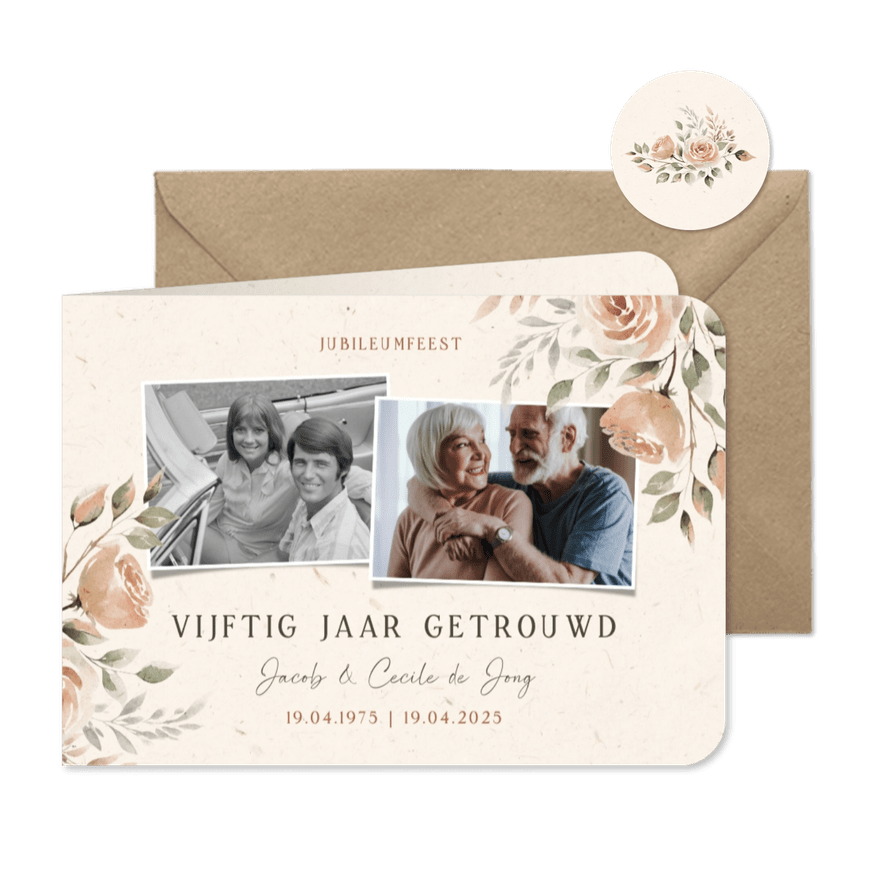 Jubileum uitnodiging 50 jaar fotocollage met bloemen - Kaartimpressie