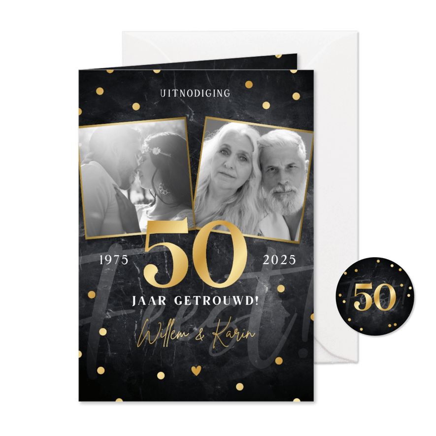 Jubileum uitnodiging 50 jaar getrouwd foto's en confetti - Kaartimpressie