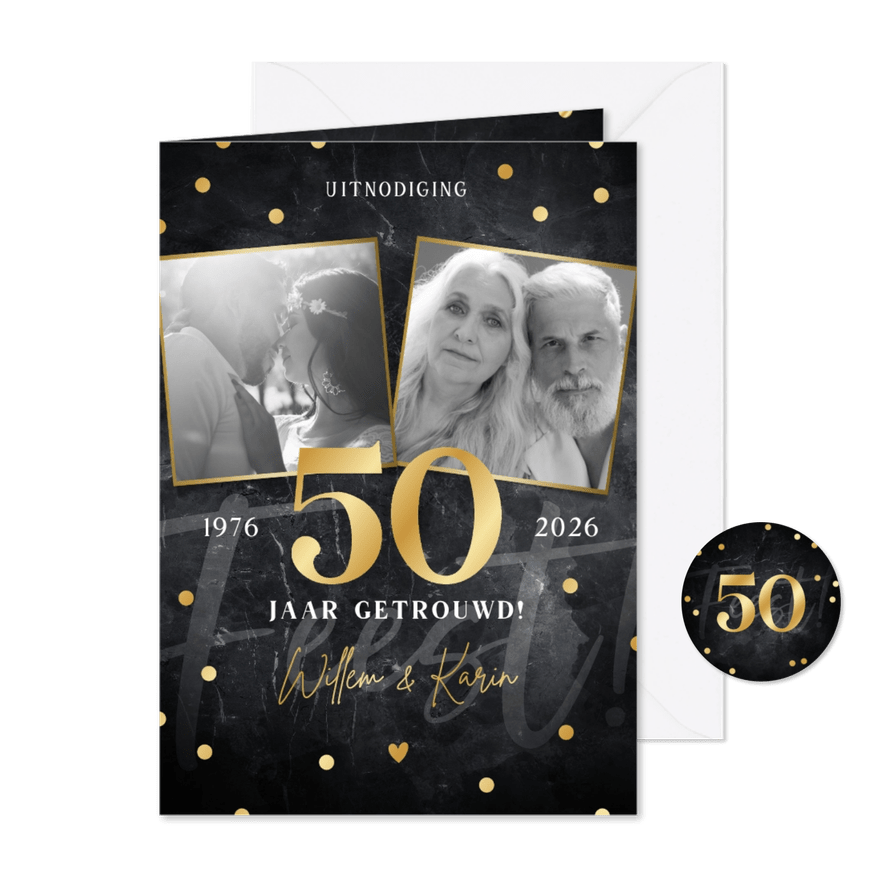 Jubileum uitnodiging 50 jaar getrouwd foto's en confetti - Kaartimpressie