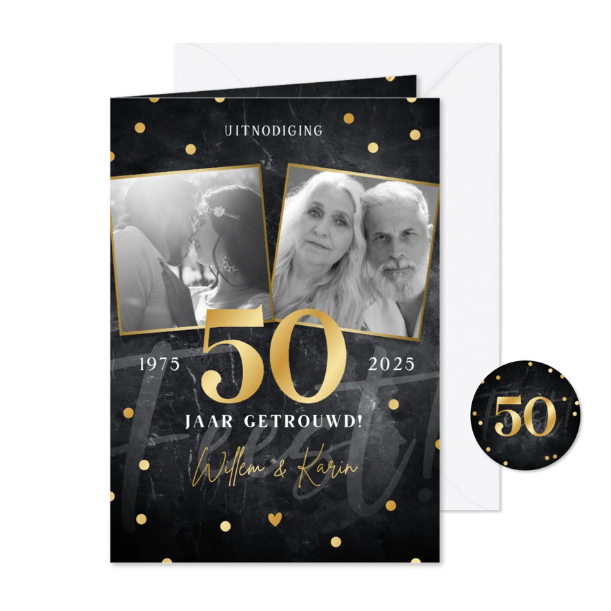 Jubileum uitnodiging 50 jaar getrouwd foto's en confetti - Kaartimpressie