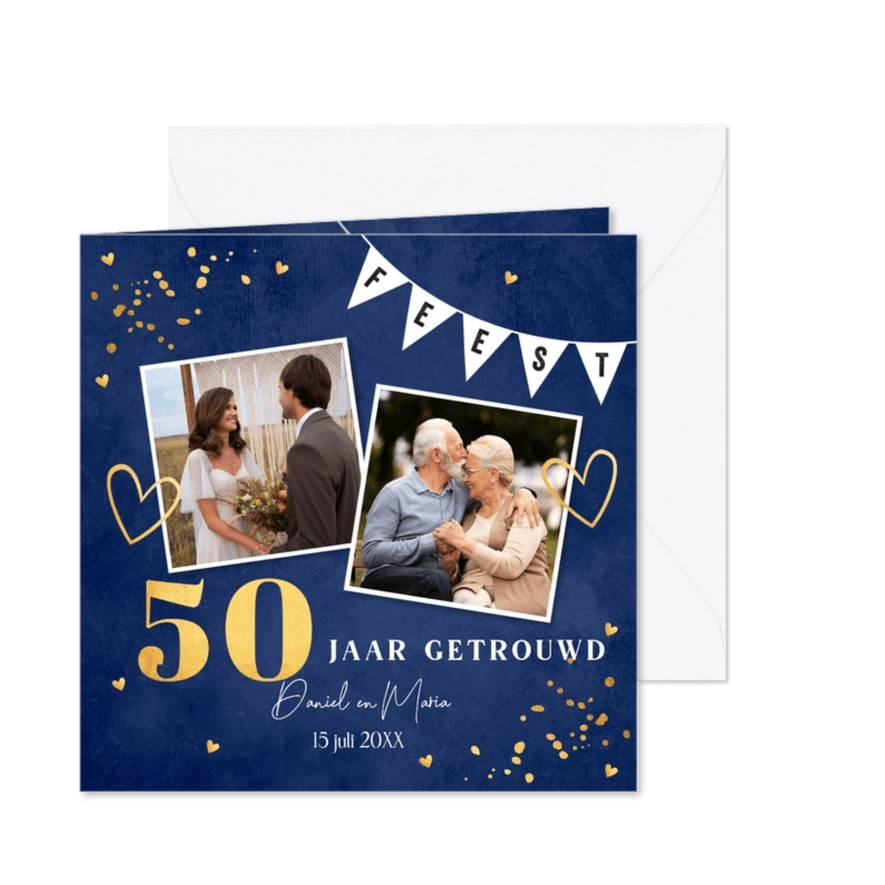 Jubileum uitnodiging 50 jaar getrouwd met foto blauw goud - Kaartimpressie