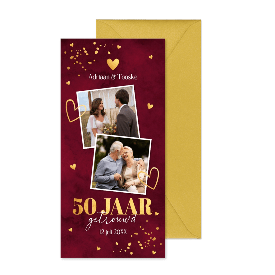 Jubileum uitnodiging 50 jaar getrouwd rood foto goudlook - Kaartimpressie