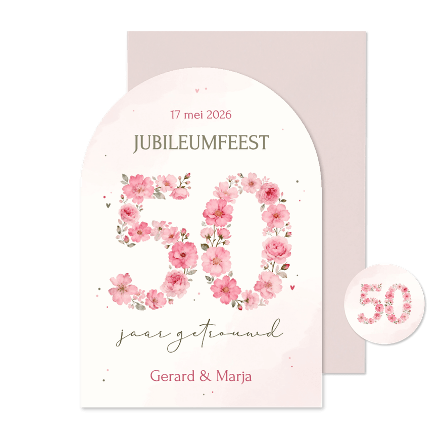 Jubileum uitnodiging 50 jaar getrouwd roze bloemen boogvorm - Kaartimpressie