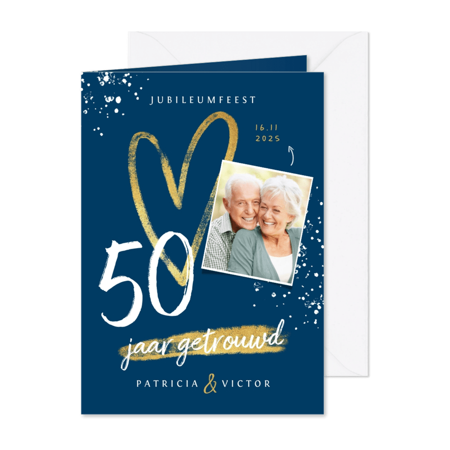 Jubileum uitnodiging 50 jaar goud hart foto's spetters - Kaartimpressie