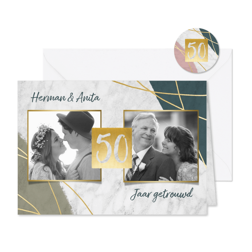 Jubileum uitnodiging 50 jaar met marmer, lijnen en foto's - Kaartimpressie