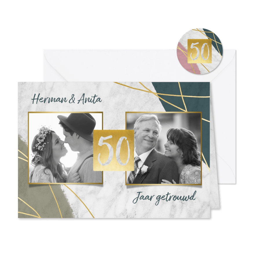 Jubileum uitnodiging 50 jaar met marmer, lijnen en foto's - Kaartimpressie
