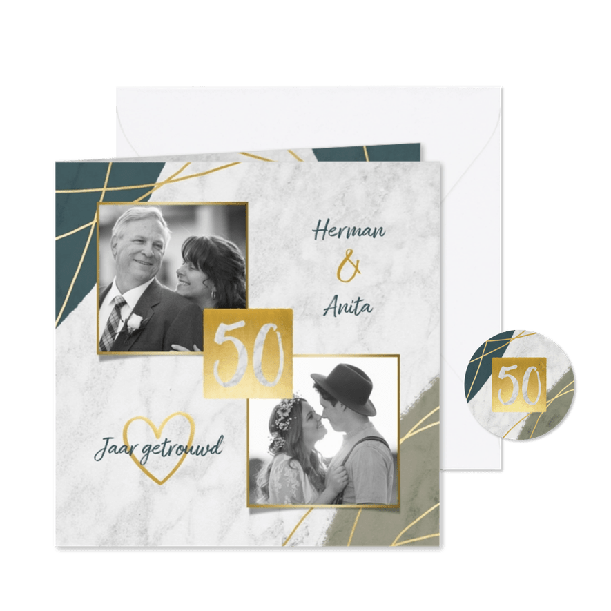Jubileum uitnodiging 50 jaar met marmer, verf en foto's - Kaartimpressie