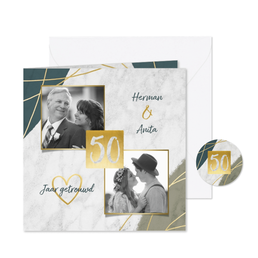 Jubileum uitnodiging 50 jaar met marmer, verf en foto's - Kaartimpressie